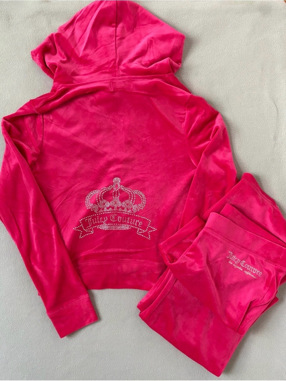 New JUICY COUTURE Pink Velour Tracksuit Matching 2 PC Set Bling Crown